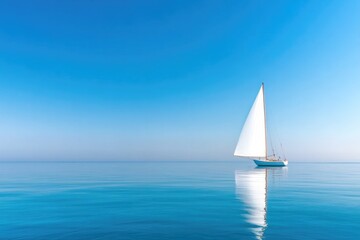 lone sailboat drifts gently on vast calm sea under cloudless sky creating sense of serene exploration