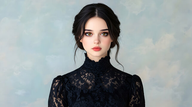 Elegant woman in a black lace top with updo