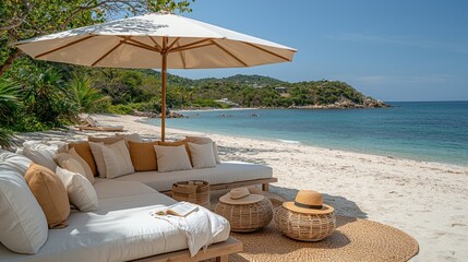 Beach lounge area under a large umbrella