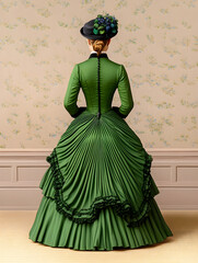 Emerald green Victorian era gown,  a woman's back view,  featuring elaborate, pleated skirt and hat, against a floral wallpaper backdrop