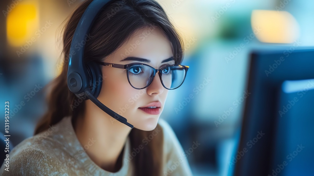 Poster A customer support manager uses CRM analytics her thoughtful expression showing attention to service quality