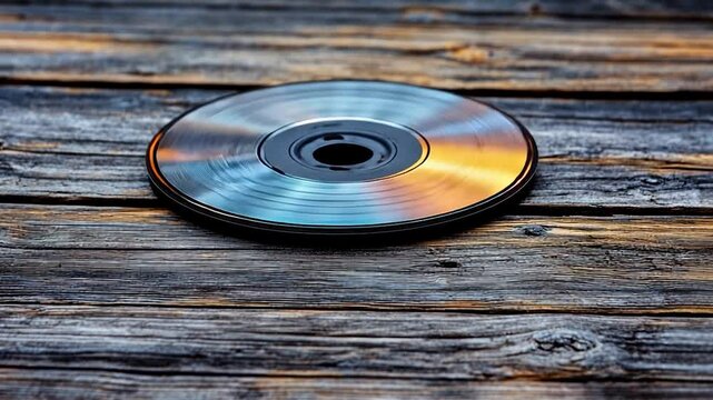 Reflective CD on Rustic Wooden Surface: A Nostalgic Still Life