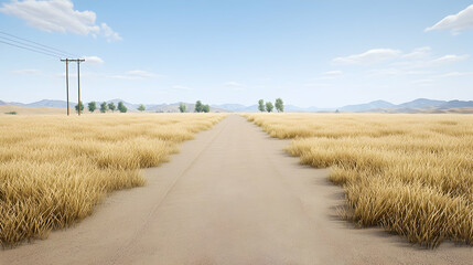 Fototapeta premium Empty dirt road through golden grass landscape under a light blue sky
