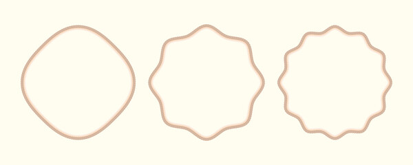 Rope round frames collection. Wavy brown curves twisted cord borders. Vintage, rustic, retro decorative elements for invitations, cards, tags, crafts, branding. Minimal nautical or western concept.