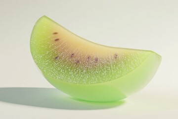 A translucent, vibrant green kiwi slice, digitally rendered, showcasing its inner texture and seeds.