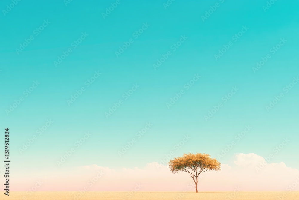 Aufkleber minimalist flat design illustration depicting lone tree standing in open field set against vast uncl