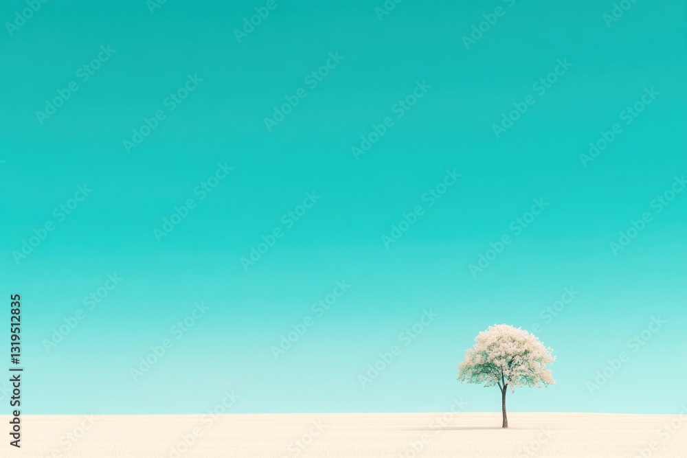 Aufkleber minimalist flat design illustration depicting lone tree standing in open field set against vast uncl