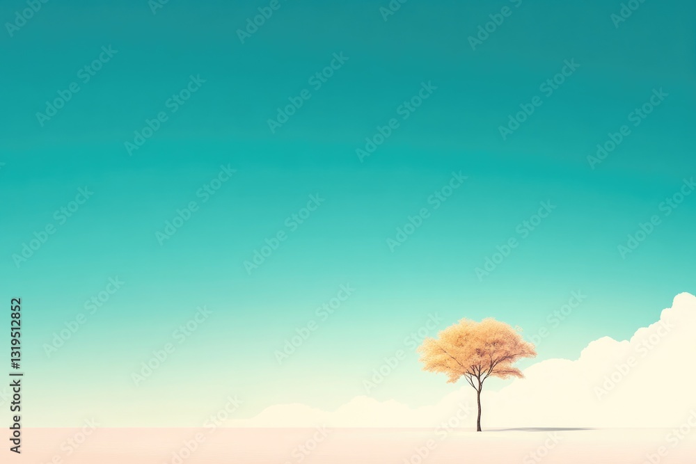 Aufkleber minimalist flat design illustration depicting lone tree standing in open field set against vast uncl