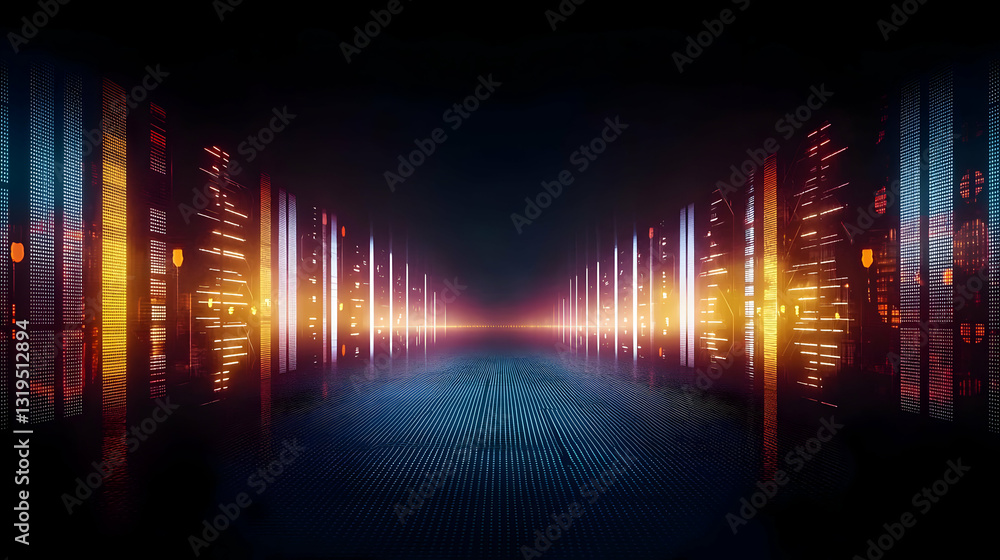 Poster abstract digital landscape displaying vertical light structures with pixelated details emerging from
