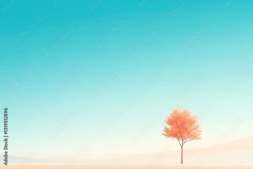 Aufkleber minimalist flat design illustration depicting lone tree standing in open field set against vast uncl