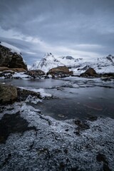 Serene winter landscape with snow-covered mountains and partially frozen water in the foreground