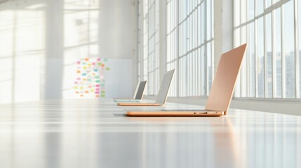 minimalist office space with sleek desks modern laptops and diverse team working collaboratively large flood room with