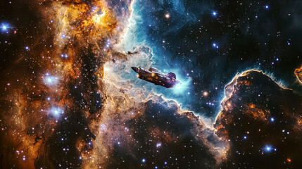 Fototapeta premium Spaceship flying near a distant galaxy with colorful stars, tourists capturing cosmic photos
