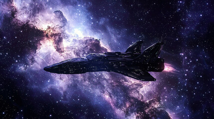 Spaceship flying near a distant galaxy, vibrant stars and cosmic clouds, ultra-realistic