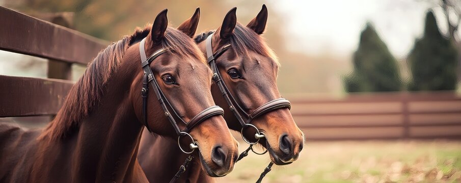 Two beautiful brown horses are standing near a wooden fence outdoors