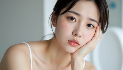 Serene young woman resting her face on hand with a thoughtful gaze