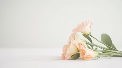 minimalistic bouquet of pastel flowers lies gently on white surface