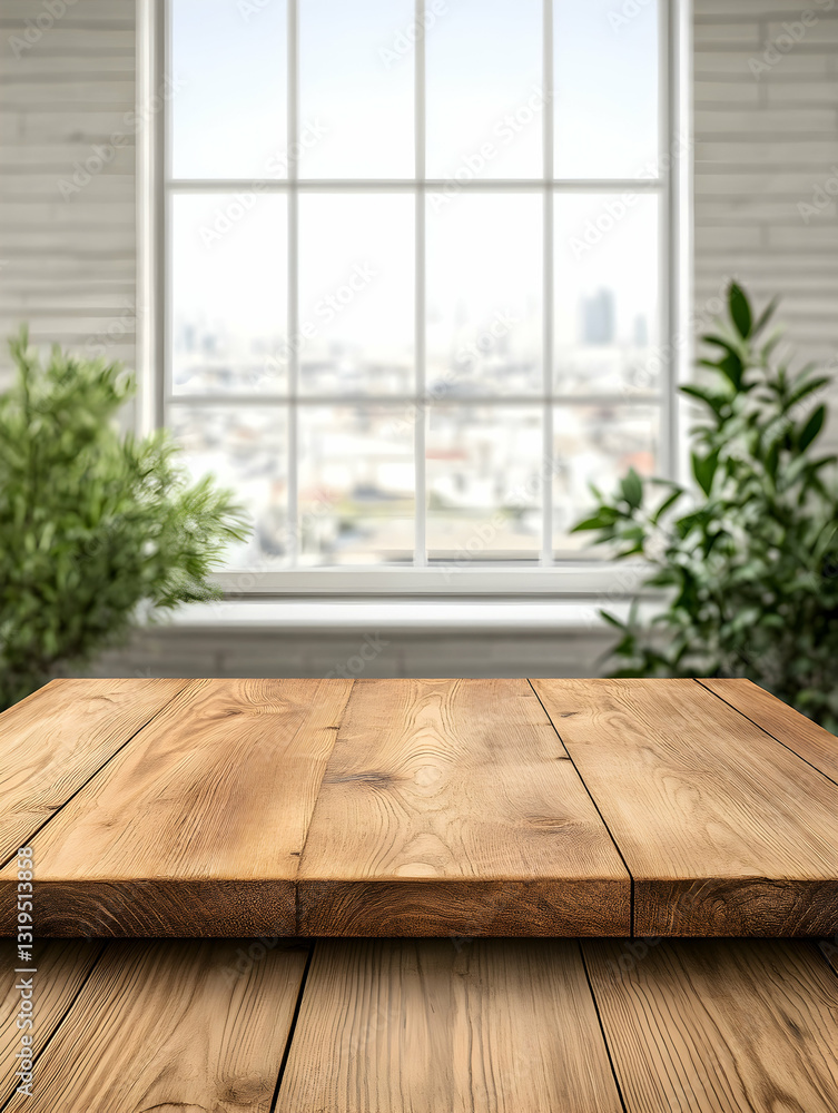 Poster empty wooden table in front of a large window with city view