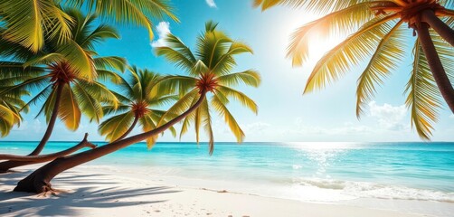 Fototapeta premium Sun-drenched beach, swaying palm trees, turquoise water, travel, serene