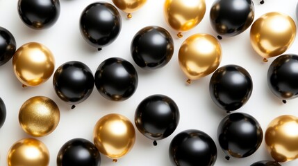 Black and gold balloons on white background