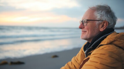 A man enjoys a peaceful moment at the beach his content face reflecting a successful retirement