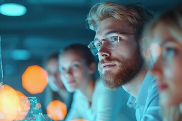 modern office space with team of young professionals collaborating over futuristic digital interfaces showcasing innovation
