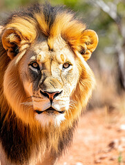 Majestic lion stares intensely golden mane glowing in sunlight  Powerful presence close-up view