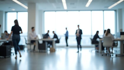 Out of focus view of bright modern office with people working and moving