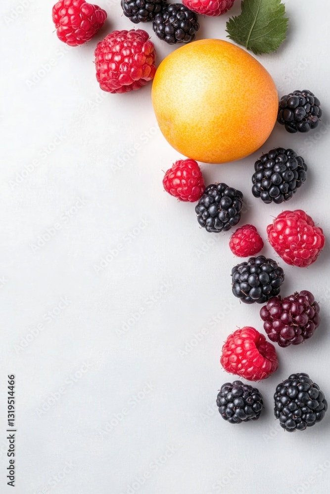 Poster neatly arranged array of vibrant fresh fruits and berries on clean white background emphasizing vivi
