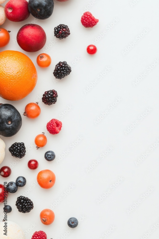 Poster neatly arranged array of vibrant fresh fruits and berries on clean white background emphasizing vivi