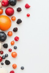 neatly arranged array of vibrant fresh fruits and berries on clean white background emphasizing vivid colors and diverse