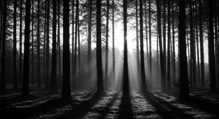 Obraz premium Sun Rays Shining Through Tall Trees in a Black and White Forest