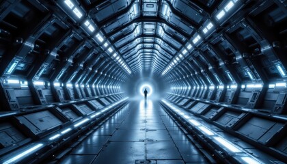 Fototapeta premium The futuristic sci fi space hangar is depicted in a stunning 3D illustration wallpaper background