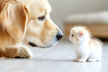 Golden retriever and kitten face each other curiously  Soft fur gentle expressions