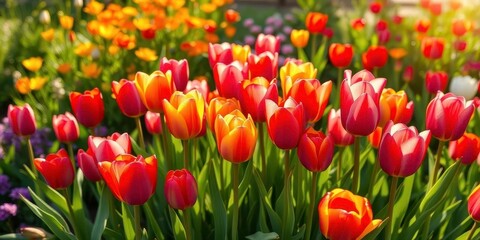 Fototapeta premium Sunlit garden, vibrant tulips bouquet, spring celebration, tulips, sunlight