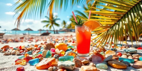 Fototapeta premium Sunny beach, tropical drink, colorful stones, palm leaves, summer vibes, sun, warm