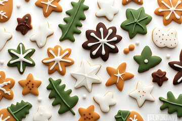 Festive iced cookies in various shapes