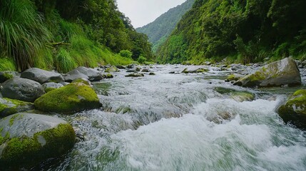 Serene mountain stream flowing through lush green landscape outdoor nature photography tranquil viewpoint