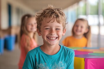 playful photo of kids gathered around colorful table at rummage sale their expressions joyful framed by blurred hall
