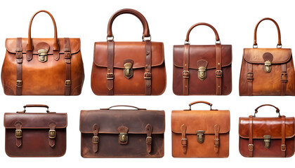 Collection of vintage leather bags decorated png