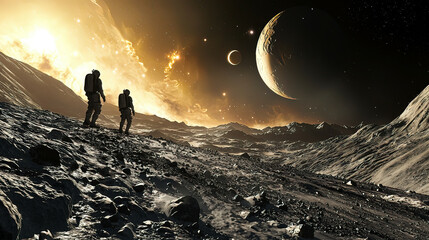Fototapeta premium Tourists walking on the surface of an asteroid, with distant stars and planets visible