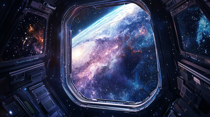 View of a distant galaxy from a futuristic space capsule, ultra-realistic stars and nebula