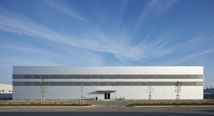 Exterior View of Modern Industrial Building with Silver Facade Under Sky