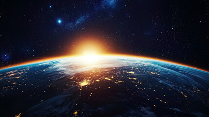 Obraz premium View of Earth from a luxury space hotel balcony, vibrant atmosphere and stars in the background