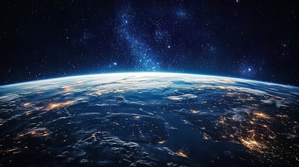 Fototapeta premium View of Earth from a luxury space hotel balcony, vibrant atmosphere and stars in the background