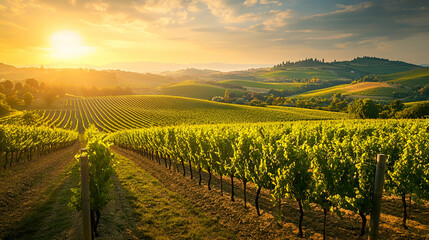 Naklejka premium A breathtaking sunset over lush vineyards in a serene countryside setting, perfect for nature lovers and wine enthusiasts.