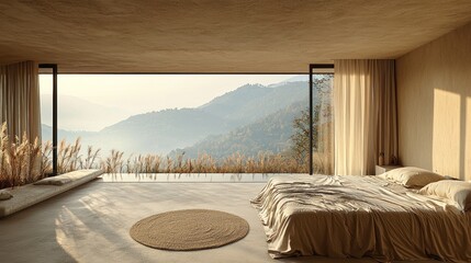 Minimalist bedroom with mountain view