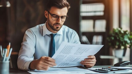 An accountant reviews financial statements his focused face reflecting precision and responsibility