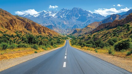 Naklejka premium Mountain road stretches into a vast valley under a vibrant sky