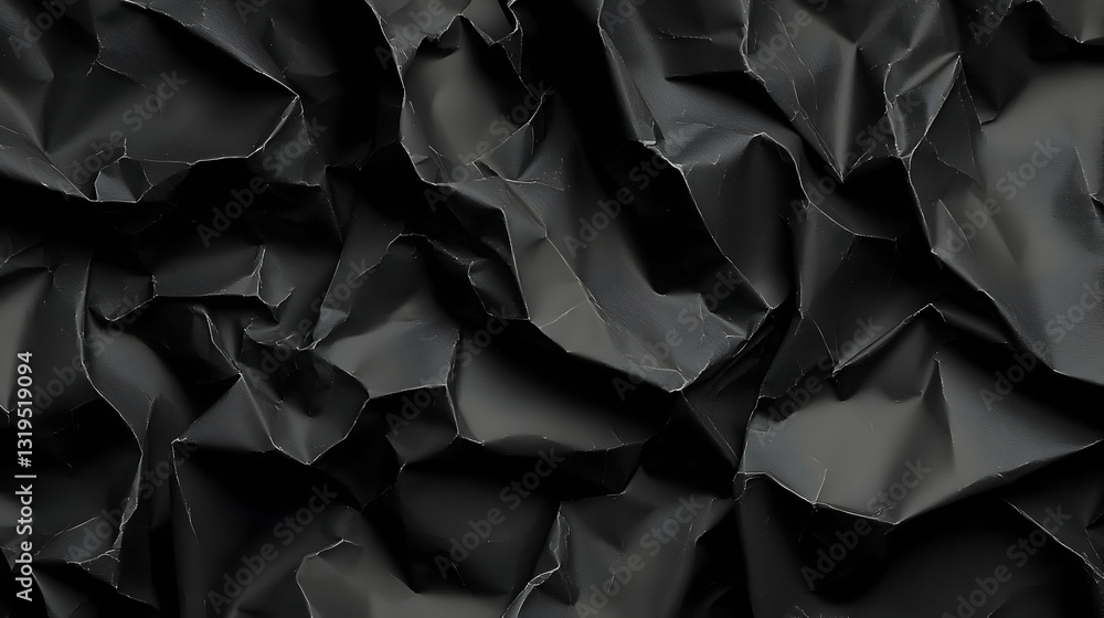 Poster textured abstract composition featuring a detailed close-up of a crumpled black paper surface with s